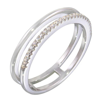 925 Sterling Silver Rhodium Plated Two Row Ring with CZ