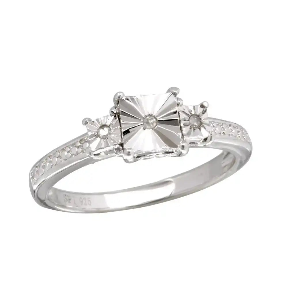 925 Sterling Silver Rhodium Plated Square Diamond Cut Past Present Future Ring