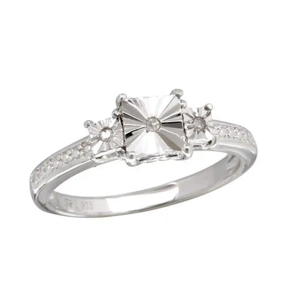 925 Sterling Silver Rhodium Plated Square Diamond Cut Past Present Future Ring