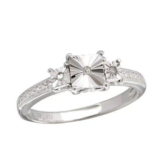 925 Sterling Silver Rhodium Plated Square Diamond Cut Past Present Future Ring