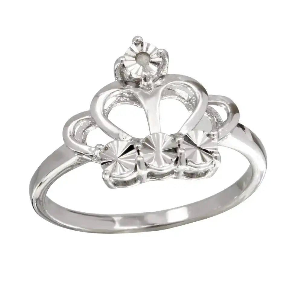 925 Sterling Silver Rhodium Plated Diamond Cut Crown Ring