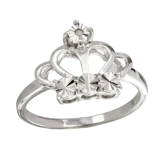 925 Sterling Silver Rhodium Plated Diamond Cut Crown Ring