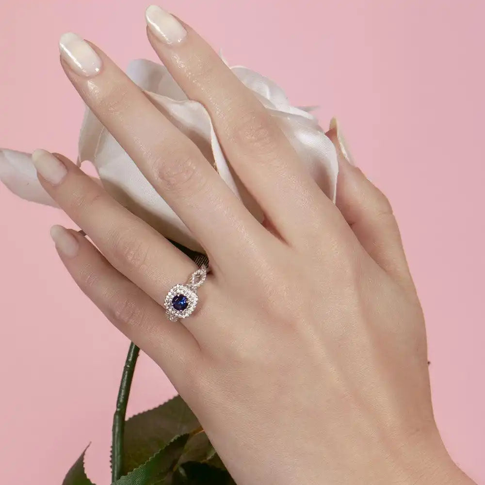 925 Sterling Silver Rhodium Plated Blue and Clear CZ Ring