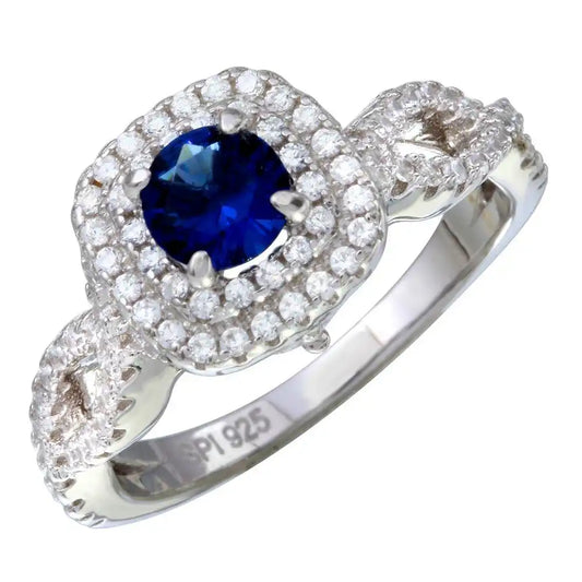 925 Sterling Silver Rhodium Plated Blue and Clear CZ Ring
