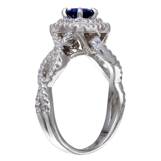925 Sterling Silver Rhodium Plated Blue and Clear CZ Ring