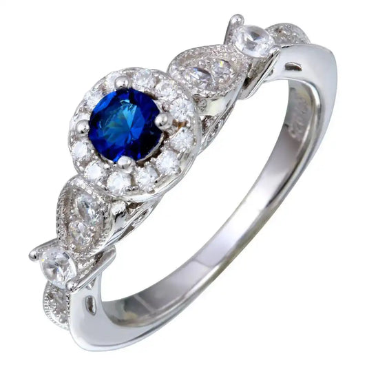 925 Sterling Silver Rhodium Plated Clear and Blue CZ Ring