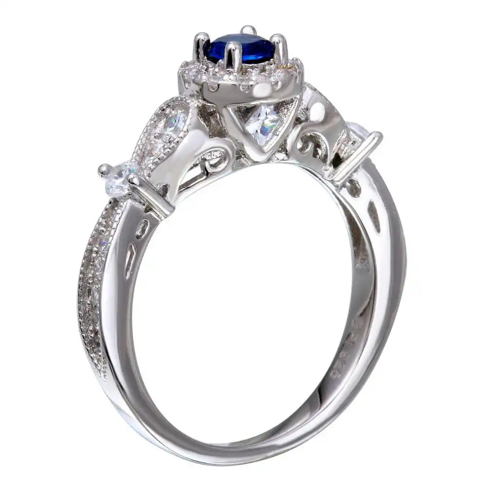 925 Sterling Silver Rhodium Plated Clear and Blue CZ Ring