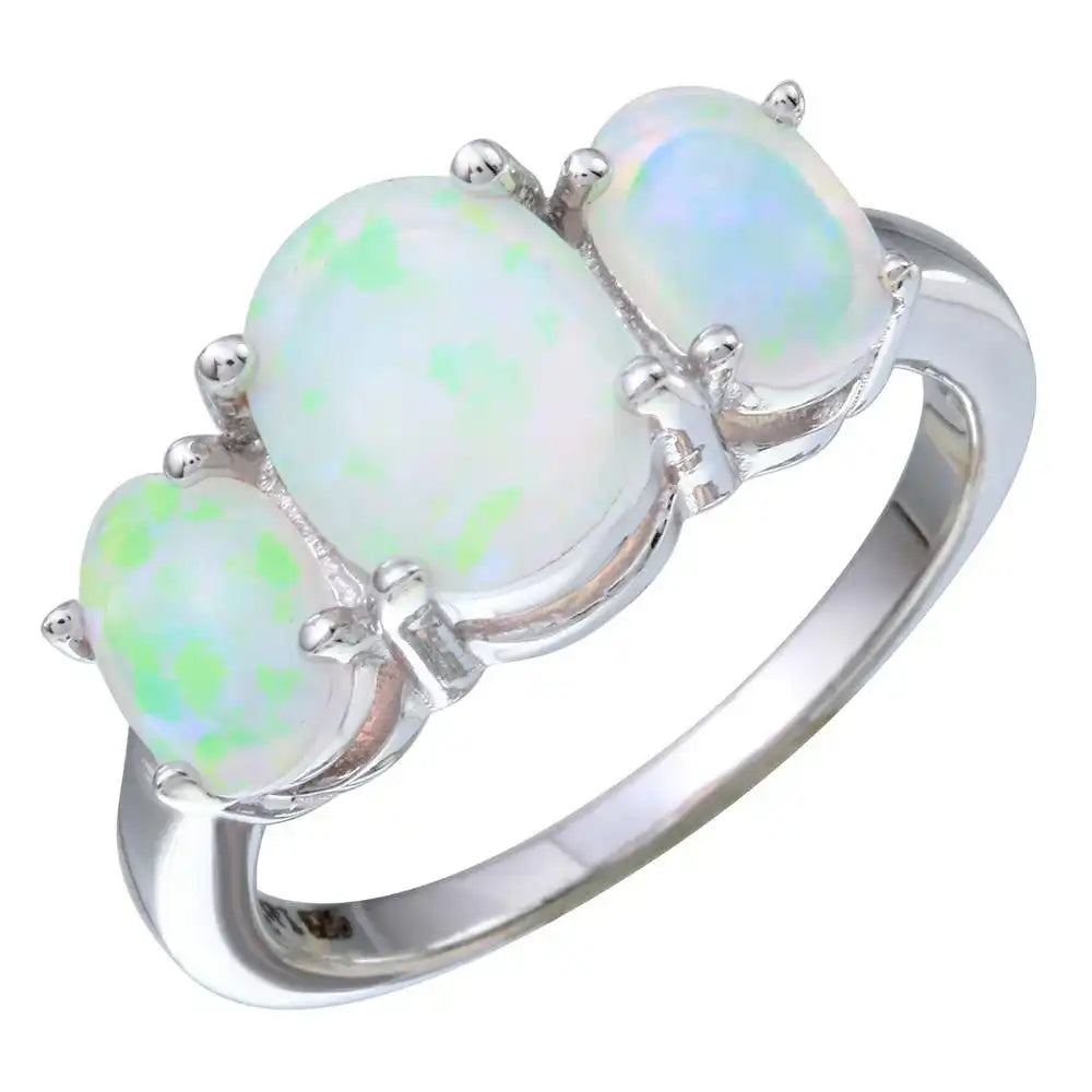 925 Sterling Silver Rhodium Plated 3 Opal Stone Ring