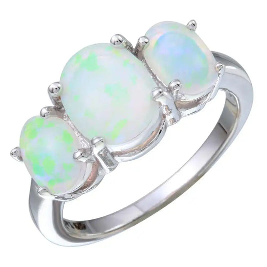 925 Sterling Silver Rhodium Plated 3 Opal Stone Ring
