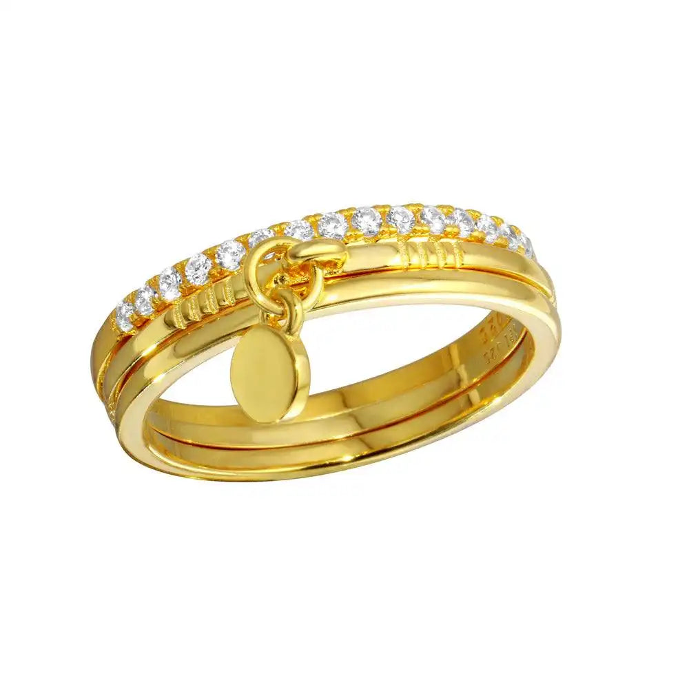 925 Sterling Silver Gold Plated Tri CZ Stackable With Hanging Disc Ring
