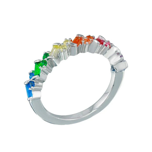 925 Sterling Silver Rhodium Plated Multi Color Half Eternity CZ Ring