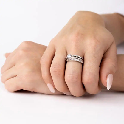 925 Sterling Silver Rhodium Plated Channel Center CZ Stackable Ring Set