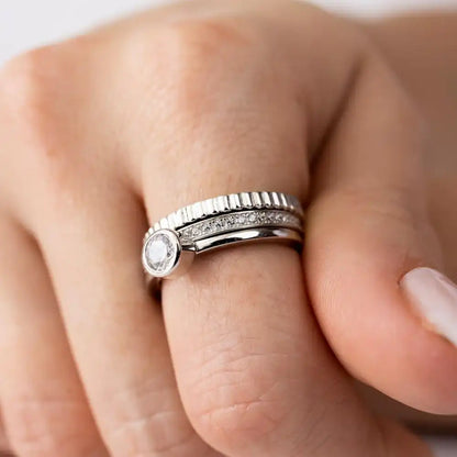 925 Sterling Silver Rhodium Plated Channel Center CZ Stackable Ring Set