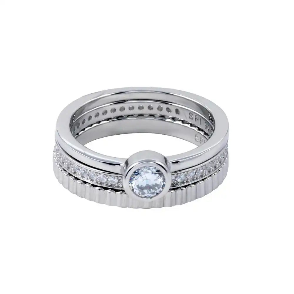 925 Sterling Silver Rhodium Plated Channel Center CZ Stackable Ring Set