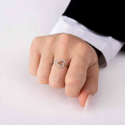 925 Sterling Silver Rhodium Plated Side Way Open Heart CZ Ring