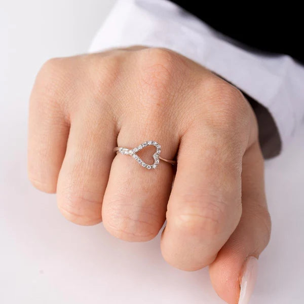 925 Sterling Silver Rhodium Plated Side Way Open Heart CZ Ring