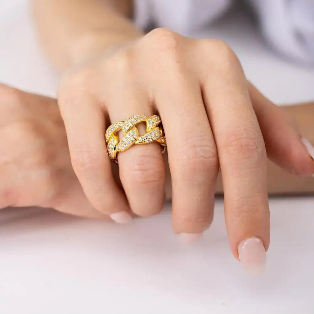 925 Sterling Silver Gold Plated Curb Design Link Ring 9.8mm