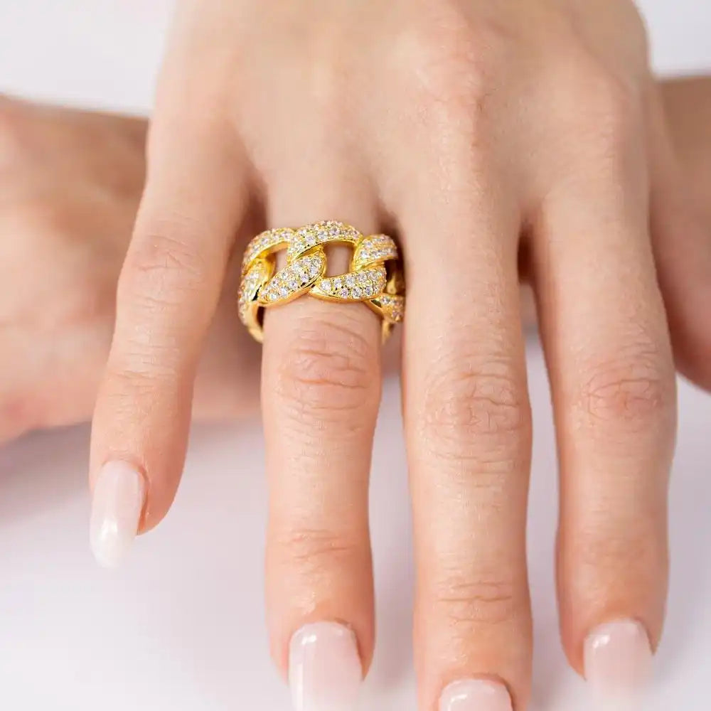 925 Sterling Silver Gold Plated Curb Design Link Ring 9.8mm