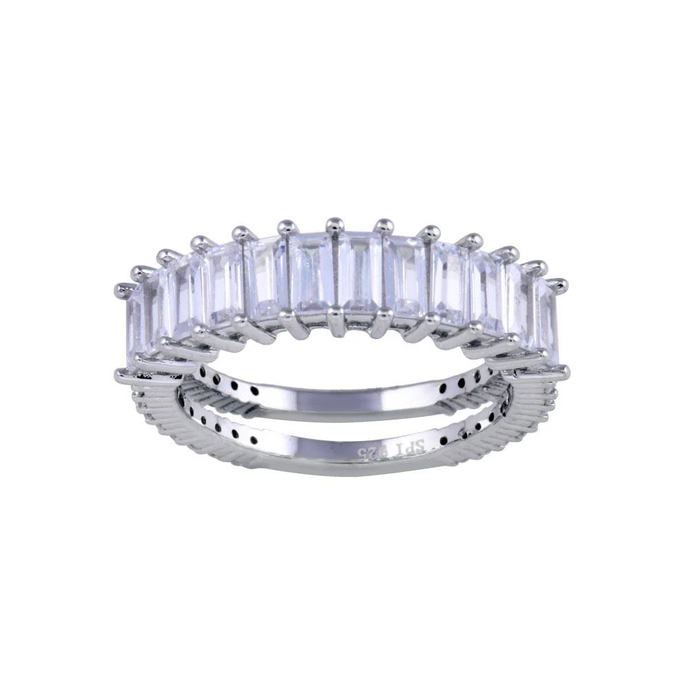 925 Sterling Silver Rhodium Plated Two Bar Baguette with Clear CZ Ring