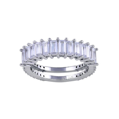 925 Sterling Silver Rhodium Plated Two Bar Baguette with Clear CZ Ring