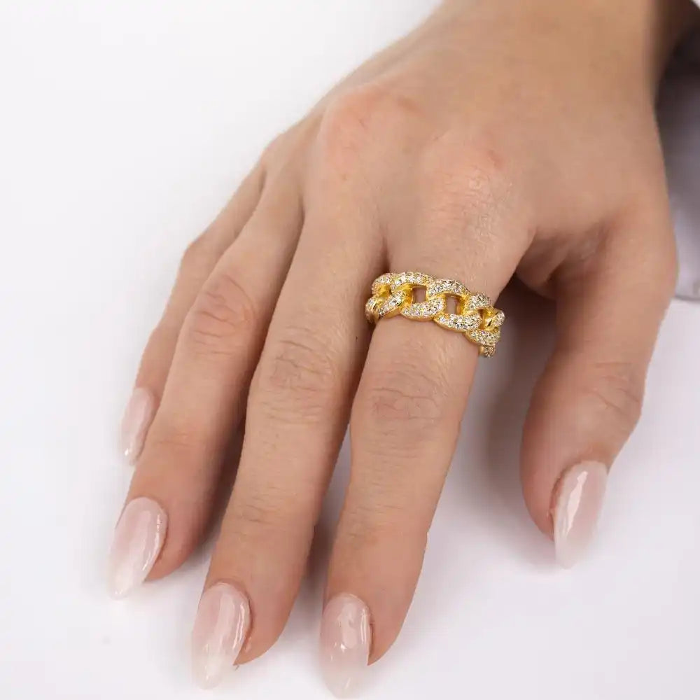 925 Sterling Silver Gold Plated Curb Design Link Ring 7.3mm