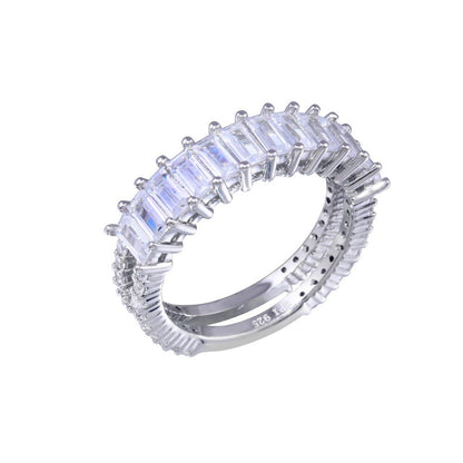 925 Sterling Silver Rhodium Plated Two Bar Baguette with Clear CZ Ring