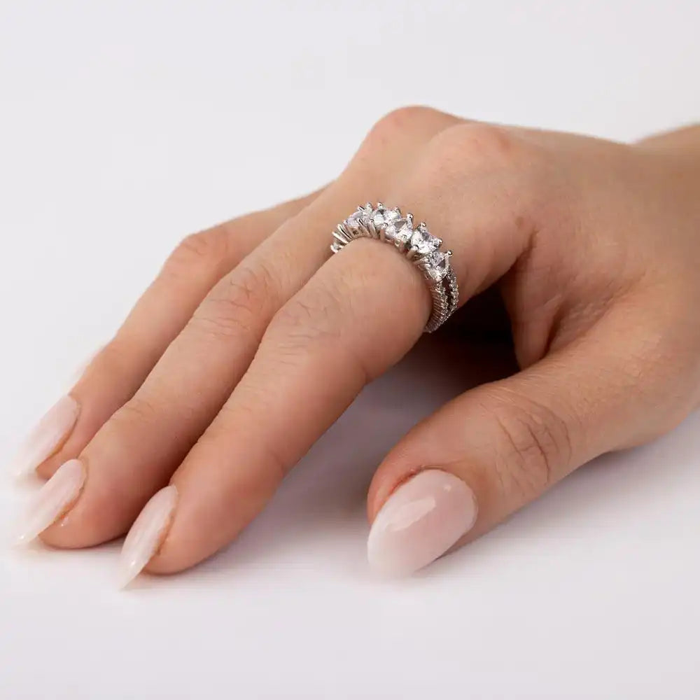 925 Sterling Silver Rhodium Plated Two Bar Multi Heart CZ Ring