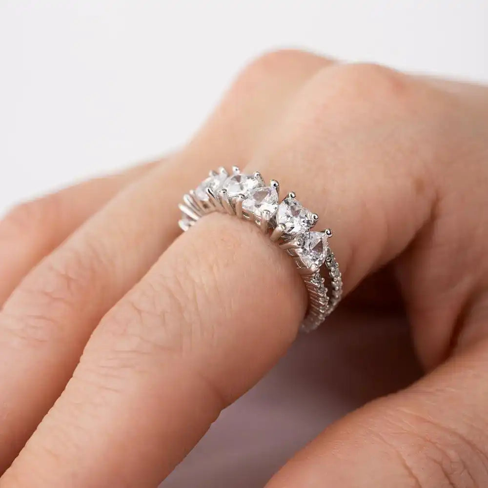 925 Sterling Silver Rhodium Plated Two Bar Multi Heart CZ Ring