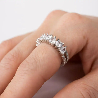 925 Sterling Silver Rhodium Plated Two Bar Multi Heart CZ Ring