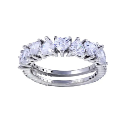 925 Sterling Silver Rhodium Plated Two Bar Multi Heart CZ Ring