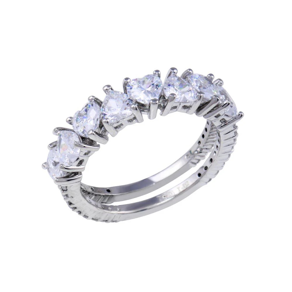 925 Sterling Silver Rhodium Plated Two Bar Multi Heart CZ Ring