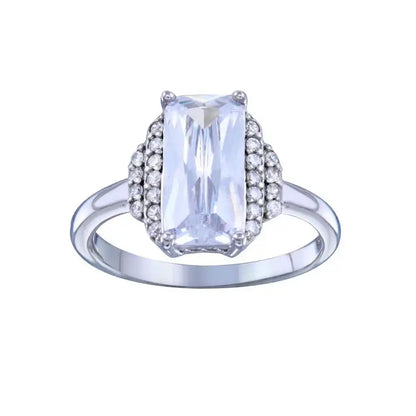 925 Sterling Silver Rhodium Plated Layered Rectangle Center CZ Bridal Ring