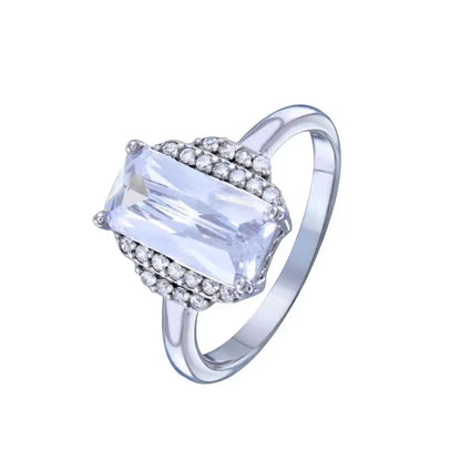 925 Sterling Silver Rhodium Plated Layered Rectangle Center CZ Bridal Ring