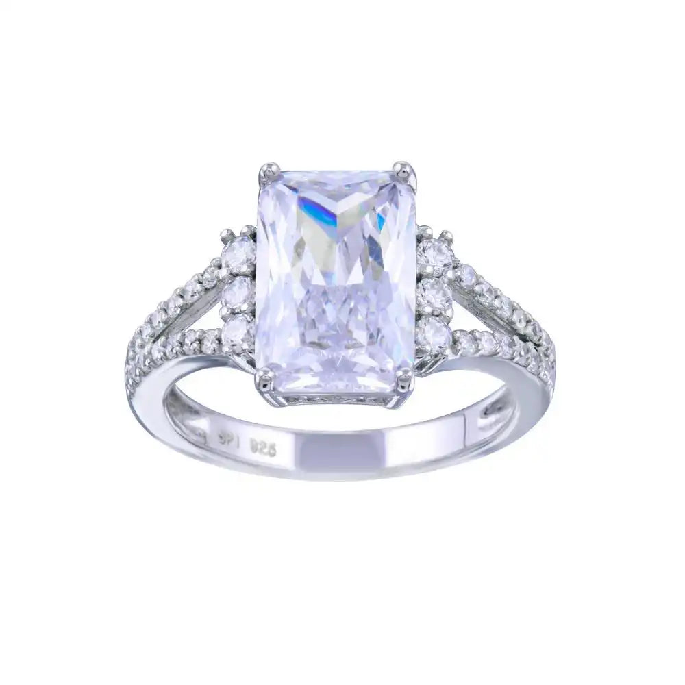 925 Sterling Silver Rhodium Plated Open Shank Rectangle Center CZ Bridal Ring