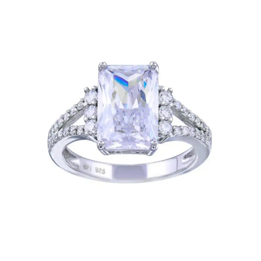 925 Sterling Silver Rhodium Plated Open Shank Rectangle Center CZ Bridal Ring