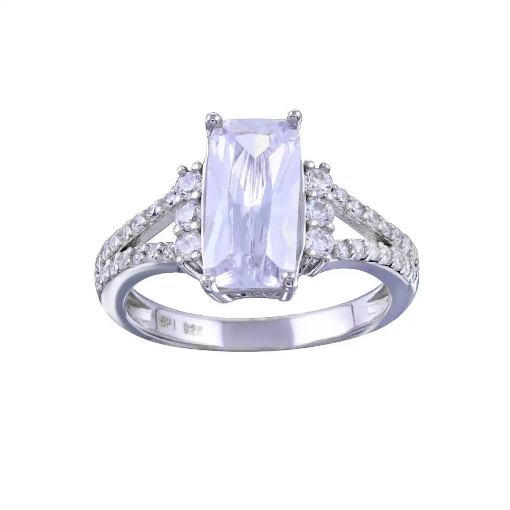 925 Sterling Silver Rhodium Plated Open Shank Wide Rectangle Center CZ Bridal Ring