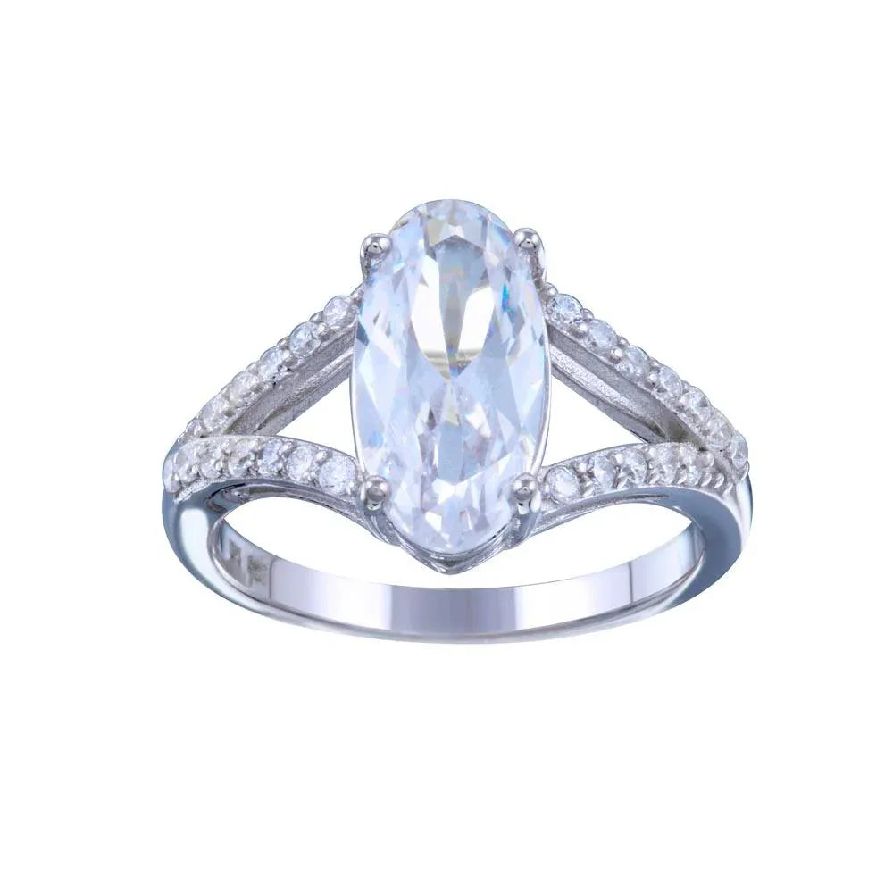 925 Sterling Silver Rhodium Plated Open Shank Oval Center CZ Bridal Ring