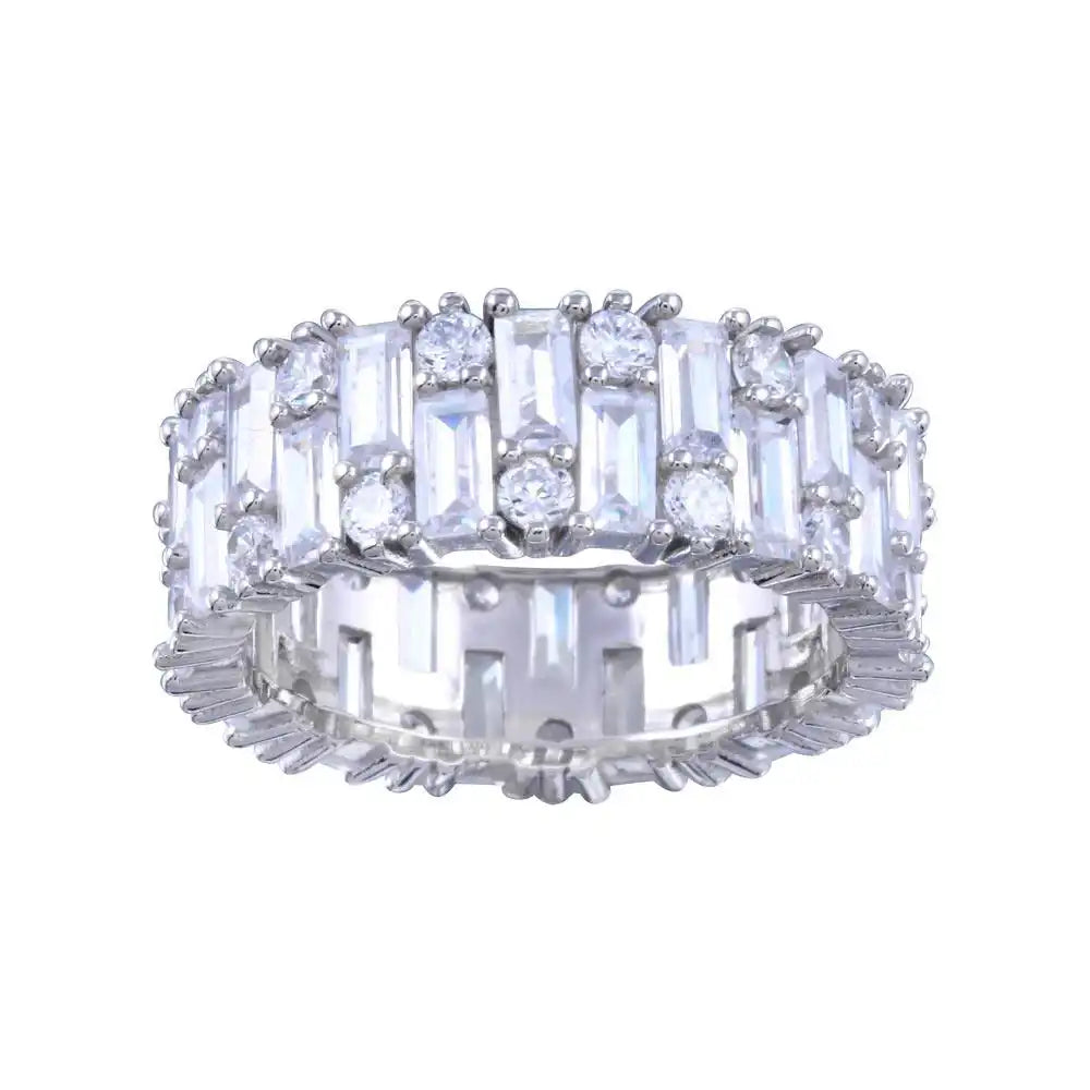 925 Sterling Silver Rhodium Plated CZ Baquette Band Ring