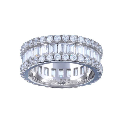 925 Sterling Silver Rhodium Plated CZ Baquette Band with Border Ring