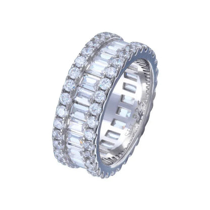 925 Sterling Silver Rhodium Plated CZ Baquette Band with Border Ring