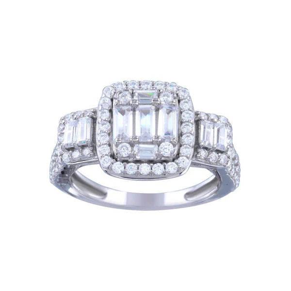 925 Sterling Silver Rhodium Plated Past Present Future Baguette CZ Bridal Ring