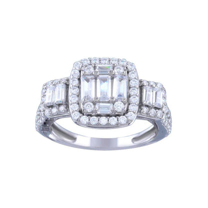 925 Sterling Silver Rhodium Plated Past Present Future Baguette CZ Bridal Ring