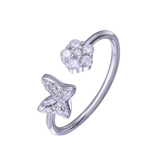 925 Sterling Silver Rhodium Plated Butterfly Flower with Clear CZ Ring