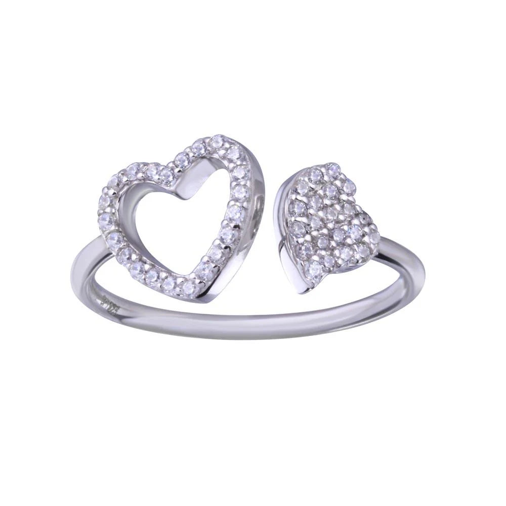 925 Sterling Silver Rhodium Plated Two Hearts with Clear CZ Ring