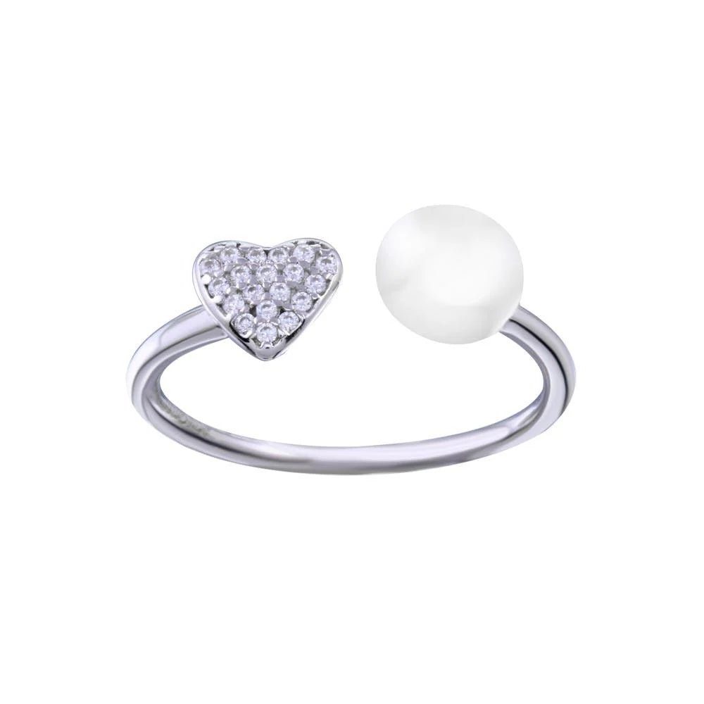 925 Sterling Silver Rhodium Plated Synthetic Pearl Heart CZ Open Ring