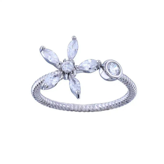 925 Sterling Silver Rhodium Plated CZ Flower Open Ring