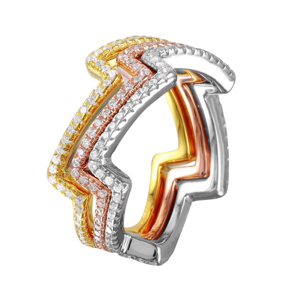 925 Silver Multi-Plated Three Piece Zig-Zag Stackable CZ Ring