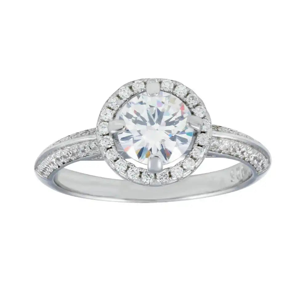 925 Sterling Silver Rhodium Plated Halo CZ Bridal Ring