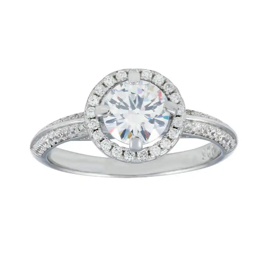 925 Sterling Silver Rhodium Plated Halo CZ Bridal Ring