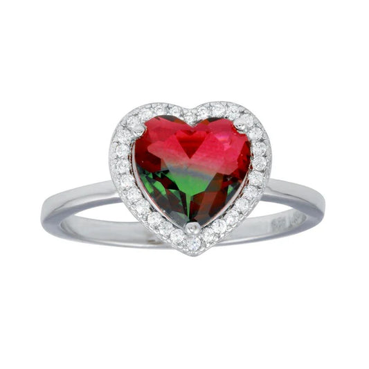 925 Sterling Silver Rhodium Plated Heart Green to Red Gradient CZ Ring